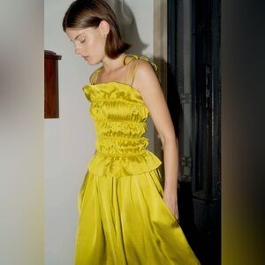 OhSevenDays Chartreuse Silky Ruched Tie-Strap Midi Dress